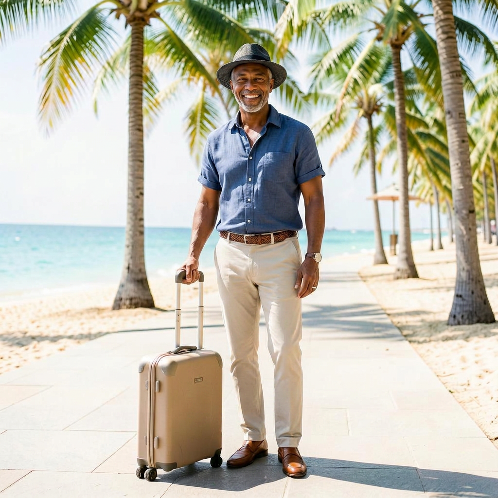 A confident dark-skinned Italian traveller with his suitcase on a sunny palm-lined beach promenade