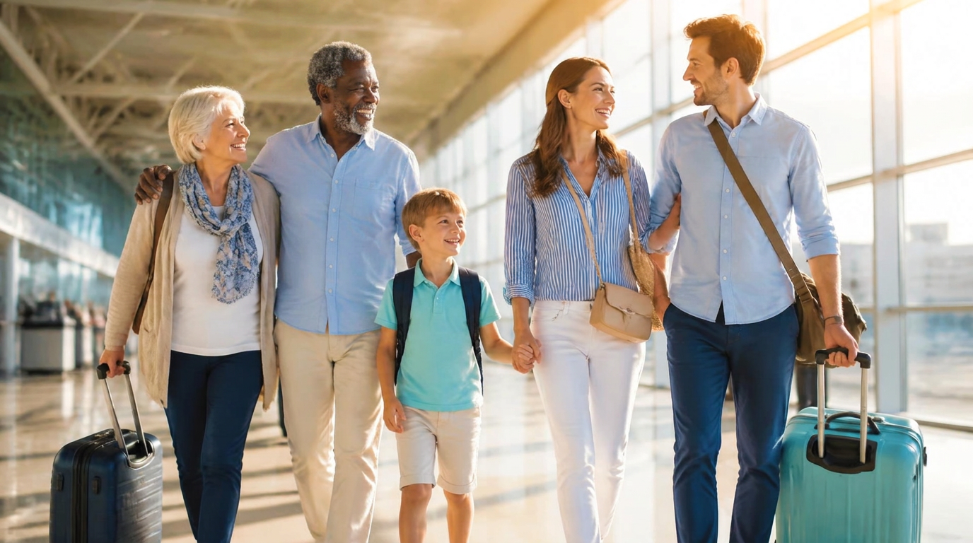 A happy, ethnically diverse multigenerational family walking through a sunny airport terminal with their luggage